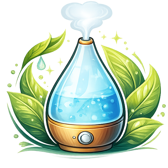 Humidifier with blue water droplet and green leaves on a white background